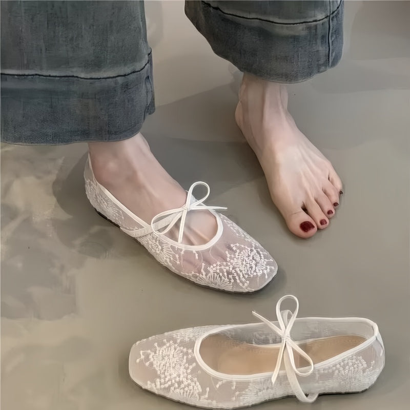 Elegant Lace Mesh Mary Jane Flats with Bow - Square Toe Ballet Shoes