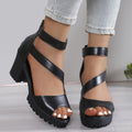 Stylish Black Chunky Platform Heeled Sandals with Ankle Strap - 7.5cm Heel