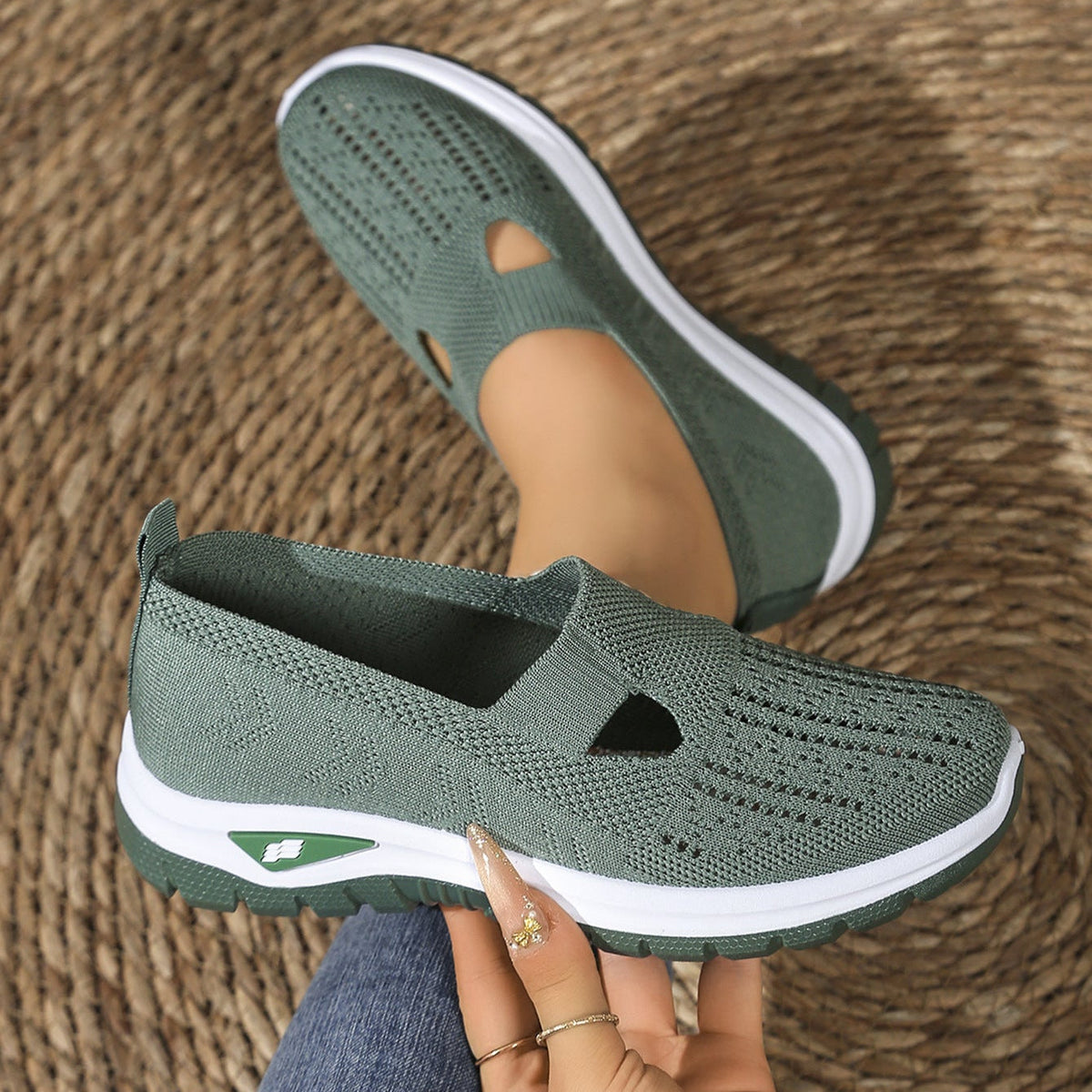 Breathable Knit Slip-On Sneakers Women - Lightweight Mesh Walking Shoes with Cutout Design