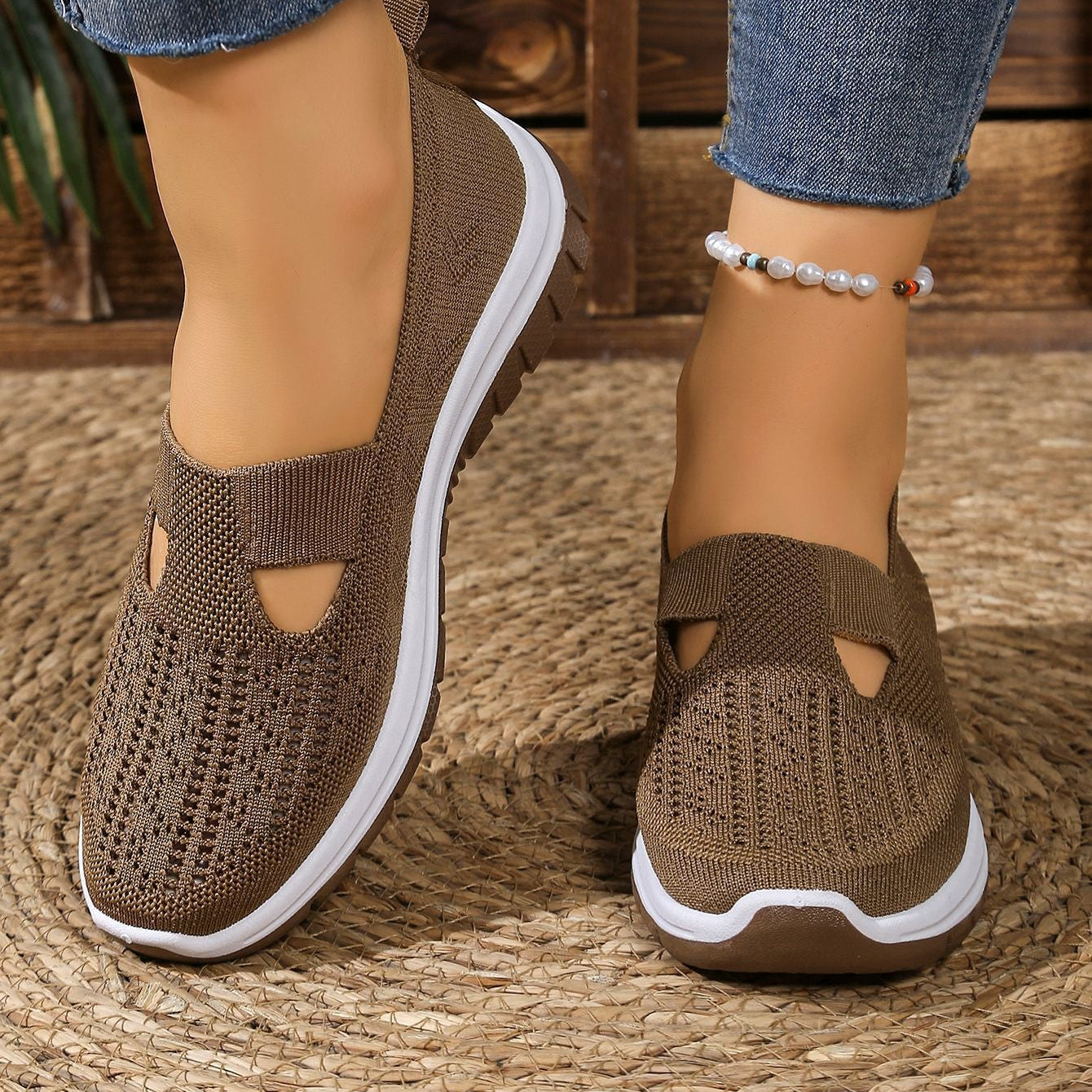 Breathable Knit Slip-On Sneakers Women - Lightweight Mesh Walking Shoes with Cutout Design