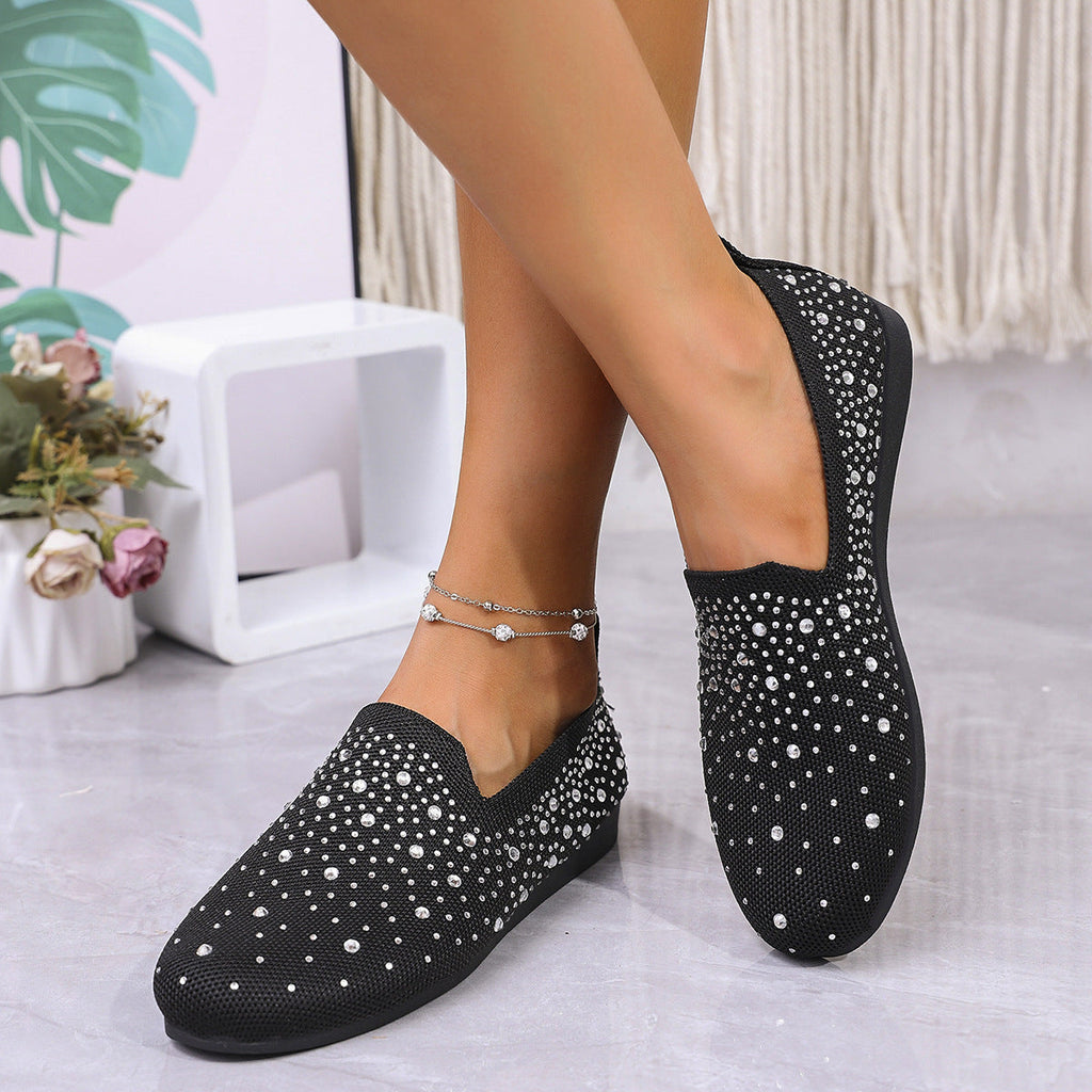 Sparkly Rhinestone Mesh Slip-On Flats – Breathable Comfort Loafers