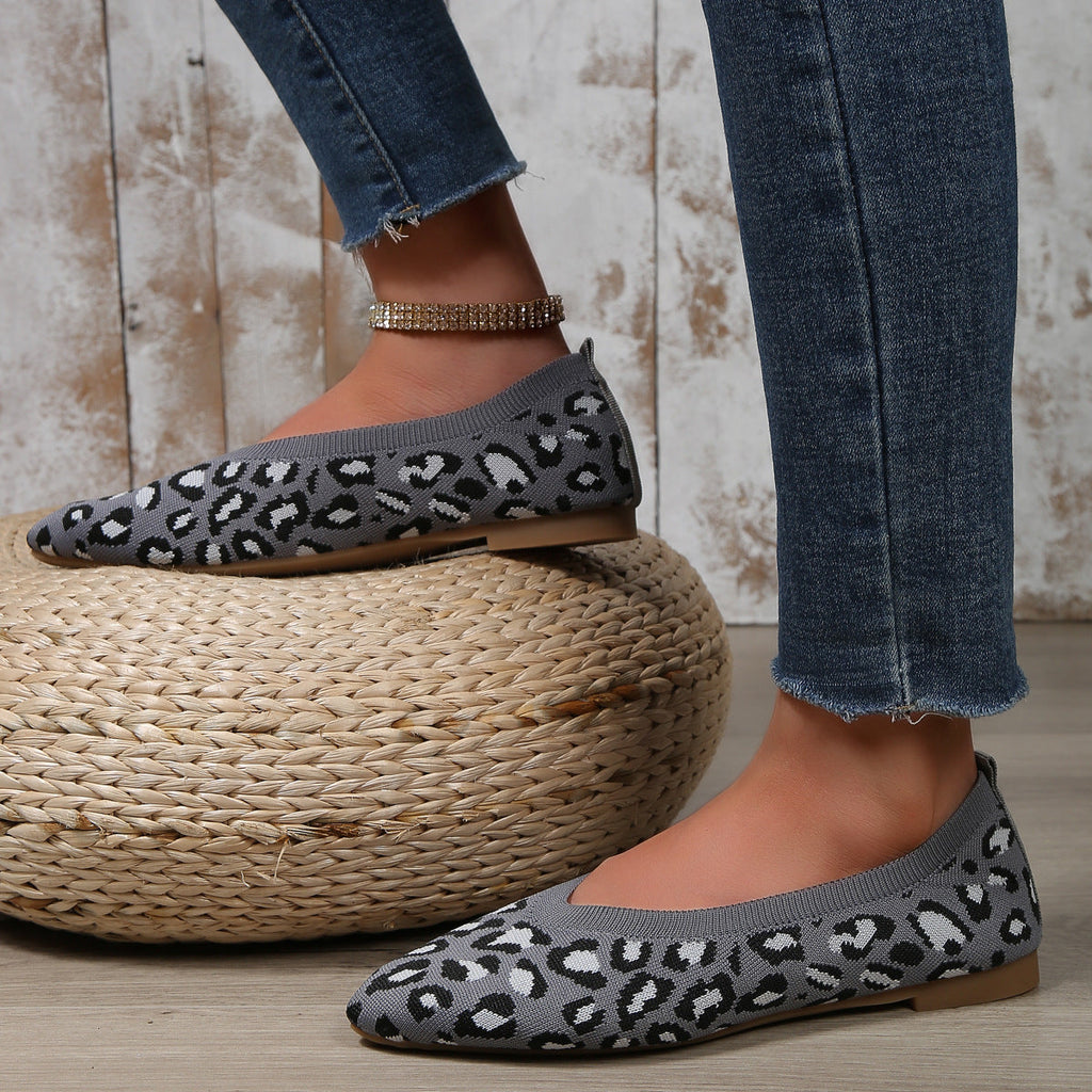 Leopard Print Knit Pointed Toe Flats – Comfortable Slip-On Loafers
