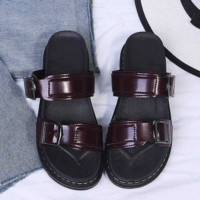 Women's Double Buckle Platform Sandals - Chunky Thick Sole Slide Sandals with Adjustable Straps