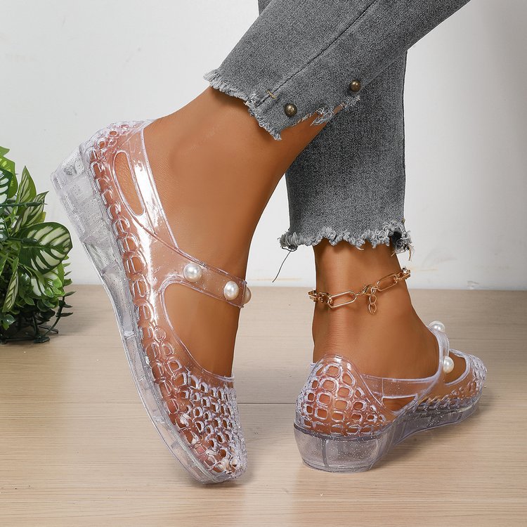 Sparkly Transparent Crocodile Mary Jane Jelly Flats - Pearl Strap Wedge Shoes