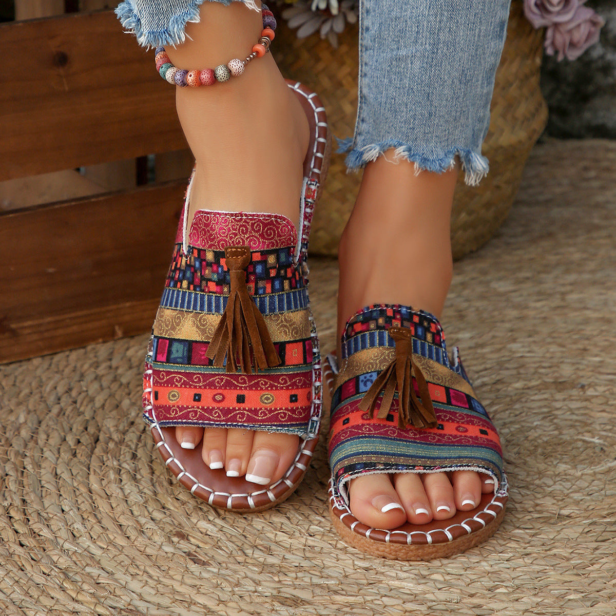 Bohemian Ethnic Tassel Slide Sandals – Colorful Woven Flat Mules with Cork Sole