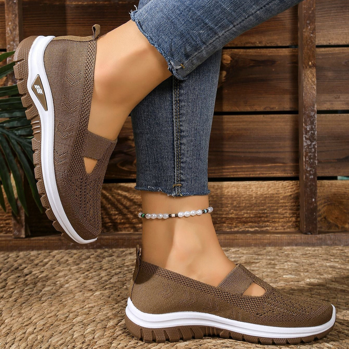 Breathable Knit Slip-On Sneakers Women - Lightweight Mesh Walking Shoes with Cutout Design