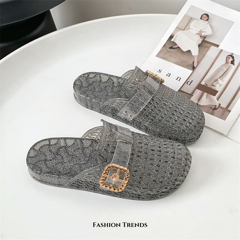 Sparkly Glitter Platform Slide Sandals for Women – Buckle Decor Transparent Chunky Slides