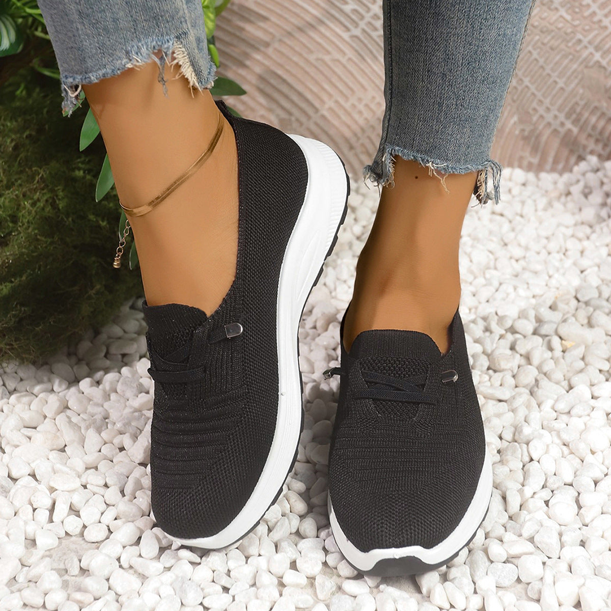 Women's Breathable Knit Slip-On Sneakers – Lightweight Platform Casual Shoes