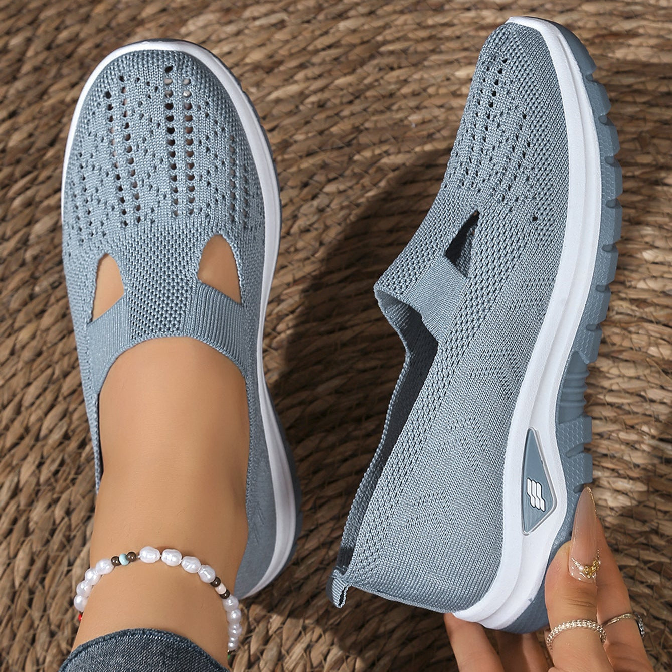 Breathable Knit Slip-On Sneakers Women - Lightweight Mesh Walking Shoes with Cutout Design