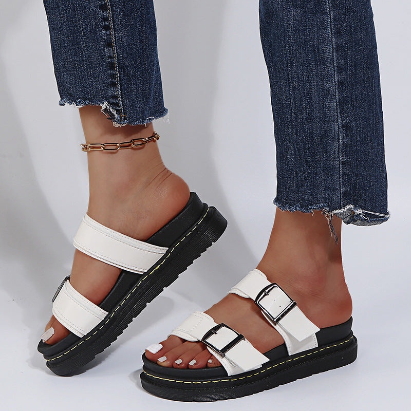 Women's Double Buckle Platform Sandals - Chunky Thick Sole Slide Sandals with Adjustable Straps