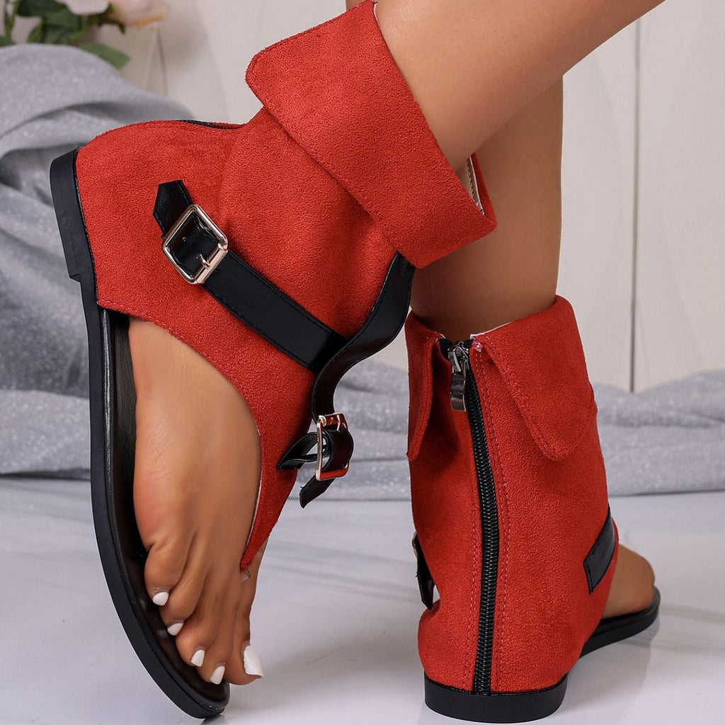 Women's Buckle Cuff Thong Flat Sandals – Casual Suede Ankle Strap Summer Shoes