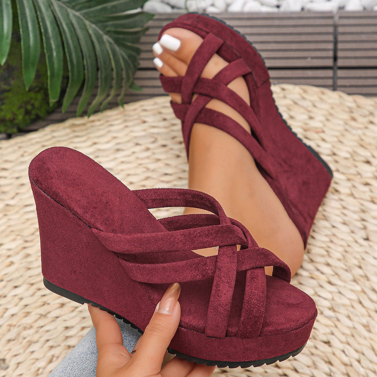 Criss-Cross Platform Wedge Sandals - 9.9cm Heel