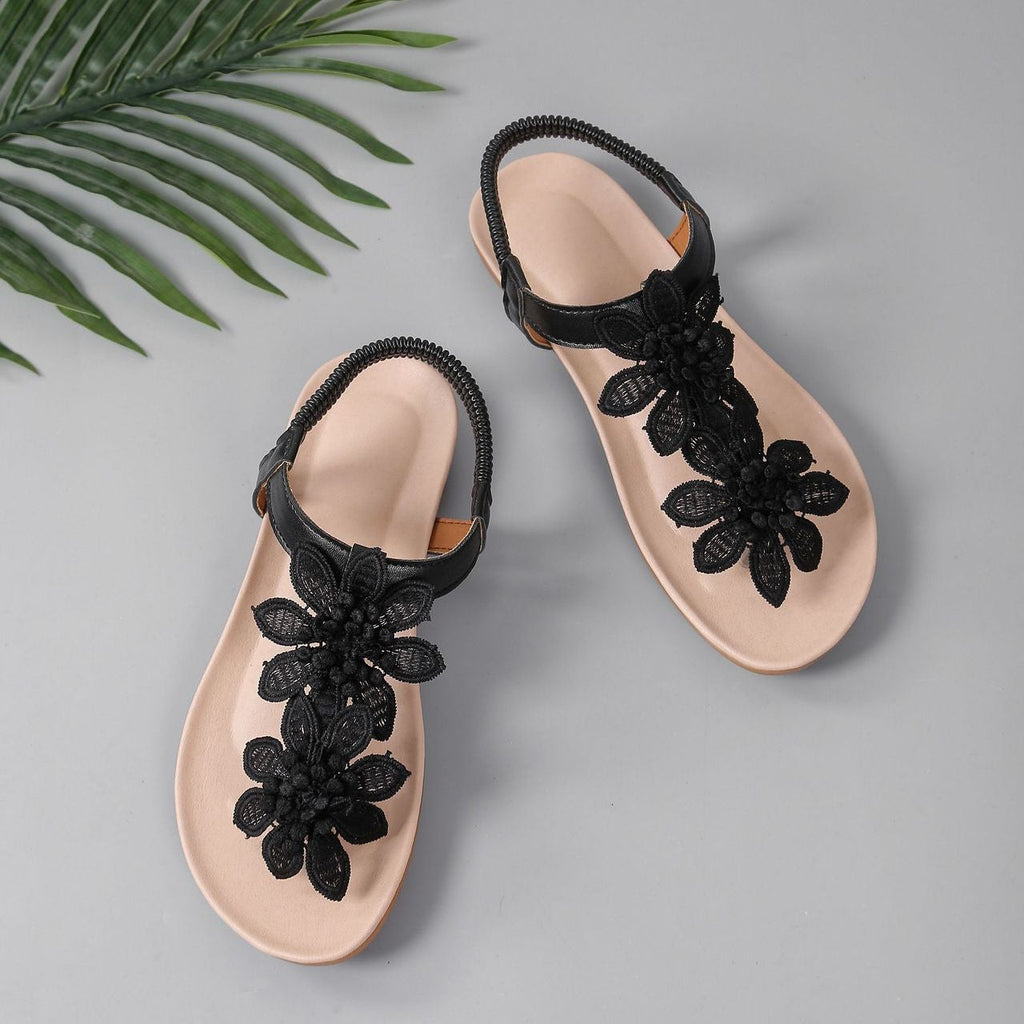 Boho Floral Lace Flat Sandals for Women – Comfortable Summer T-Strap Shoes