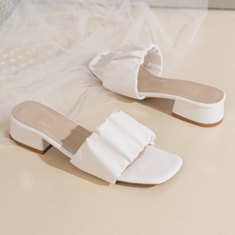Chic Ruched Square Toe Block Heel Mules – Comfortable Slip-On Sandals