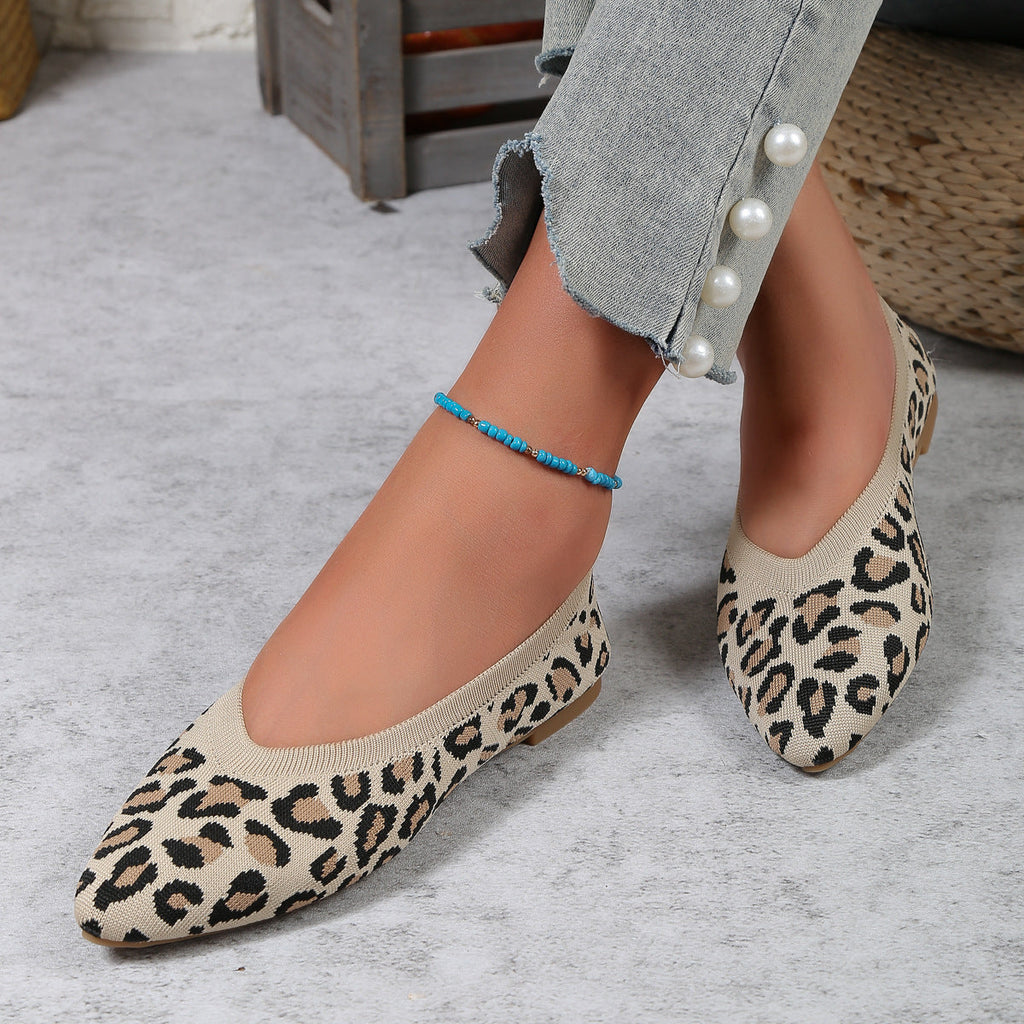 Leopard Print Knit Pointed Toe Flats – Comfortable Slip-On Loafers
