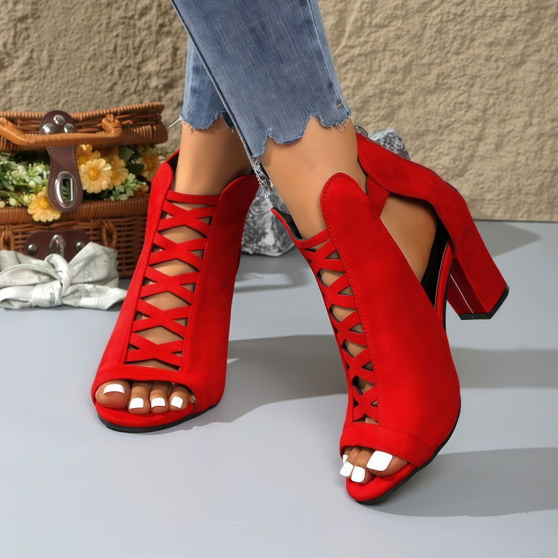 Cut-Out Lace-Up Block Heel Peep Toe Sandals – 8CM Chunky Heel