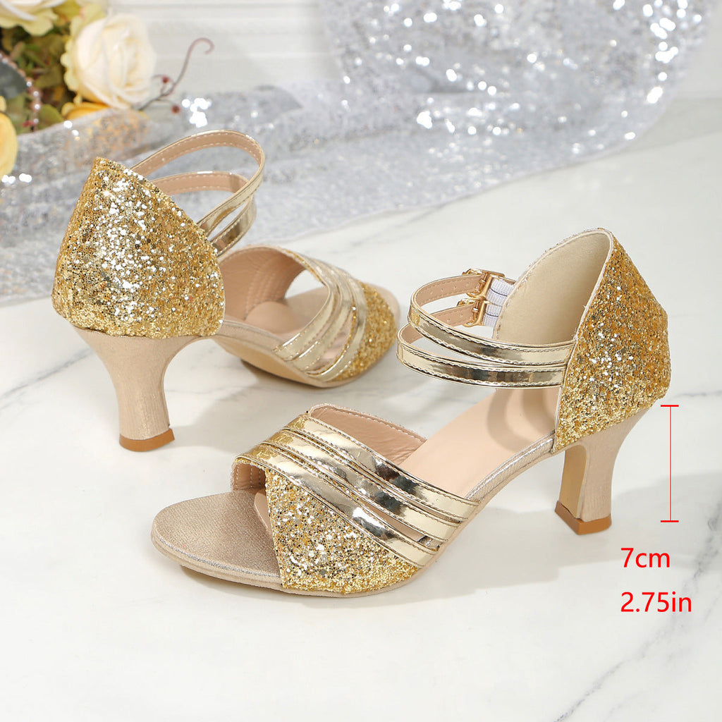 Sparkly Glitter Block Heel Sandals – 7cm Chunky Heel Strappy Open Toe Pumps with Ankle Strap