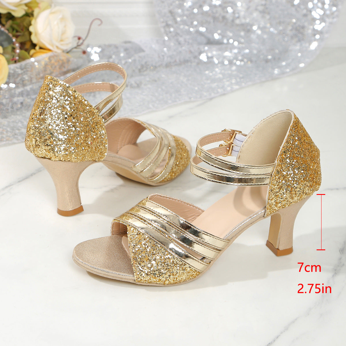 Sparkly Glitter Block Heel Sandals – 7cm Chunky Heel Strappy Open Toe Pumps with Ankle Strap