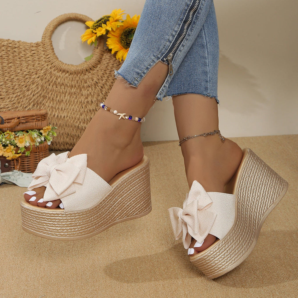 Women's Platform Wedge Sandals with Big Bow - Sparkly Open Toe Summer Slides