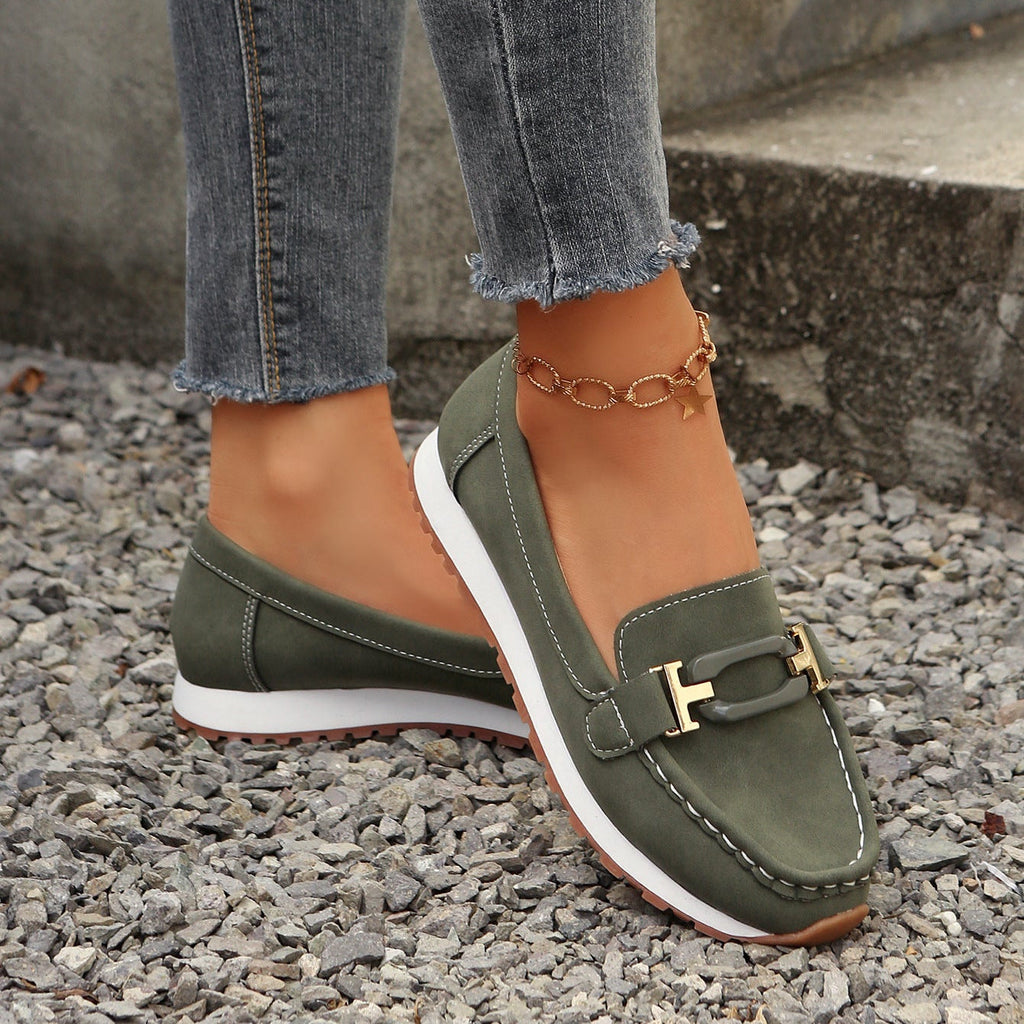 Women's Gold Buckle Suede Loafers – Comfortable Casual Platform Slip-On Shoes