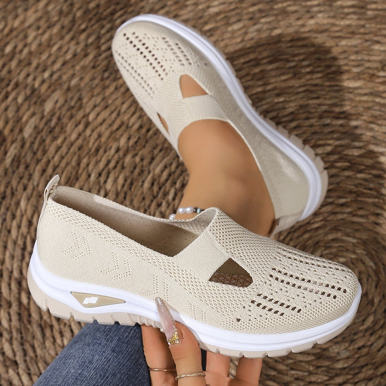 Breathable Knit Slip-On Sneakers Women - Lightweight Mesh Walking Shoes with Cutout Design