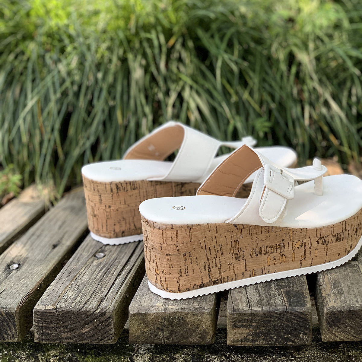 Comfortable Beige Cork Wedge Platform Thong Sandals – Buckle Strap Summer Slides