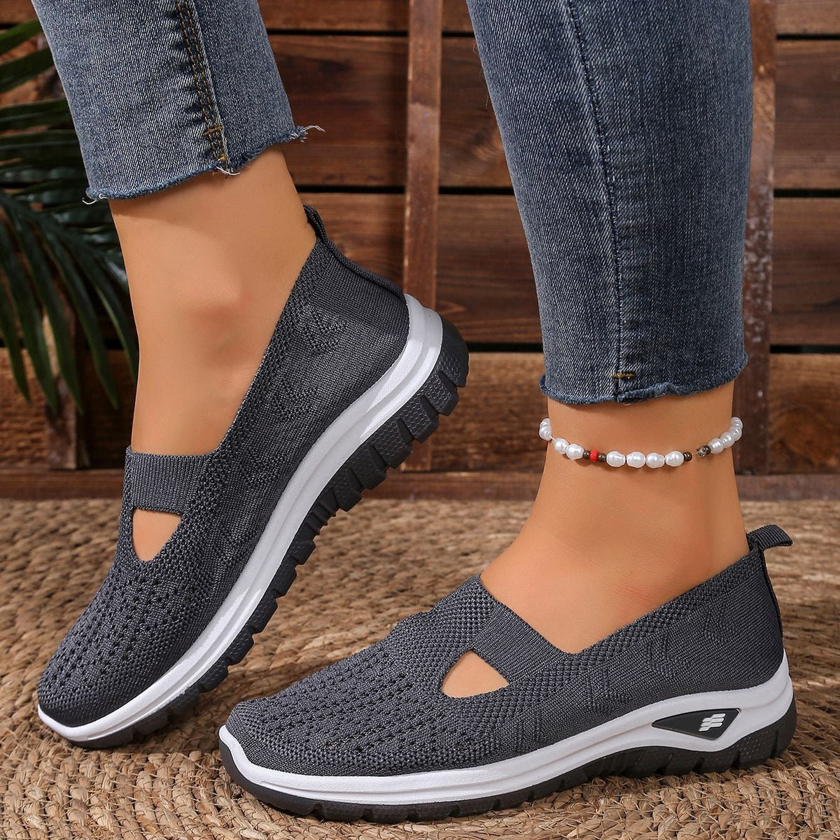 Breathable Knit Slip-On Sneakers Women - Lightweight Mesh Walking Shoes with Cutout Design