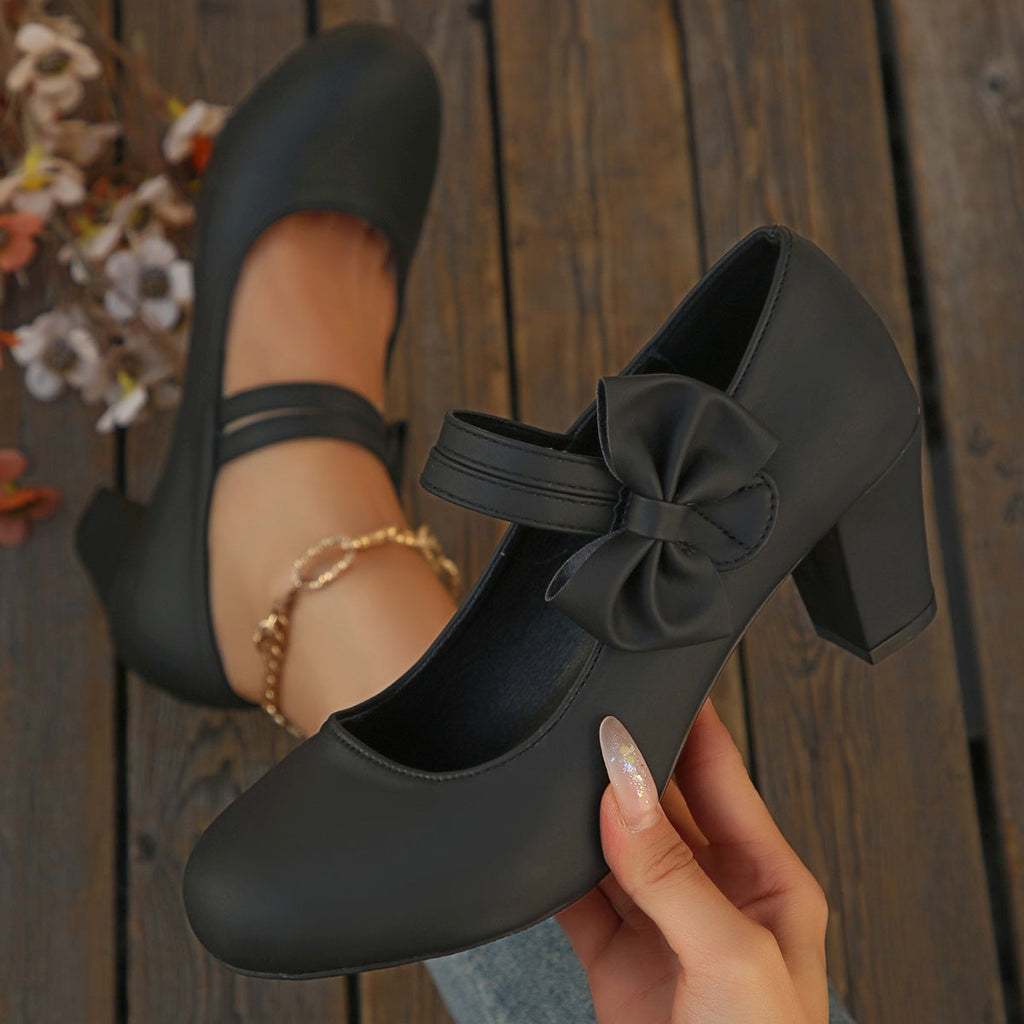 Women's Bowknot Block Heel Mary Jane Shoes – Elegant Ankle Strap Chunky Heels