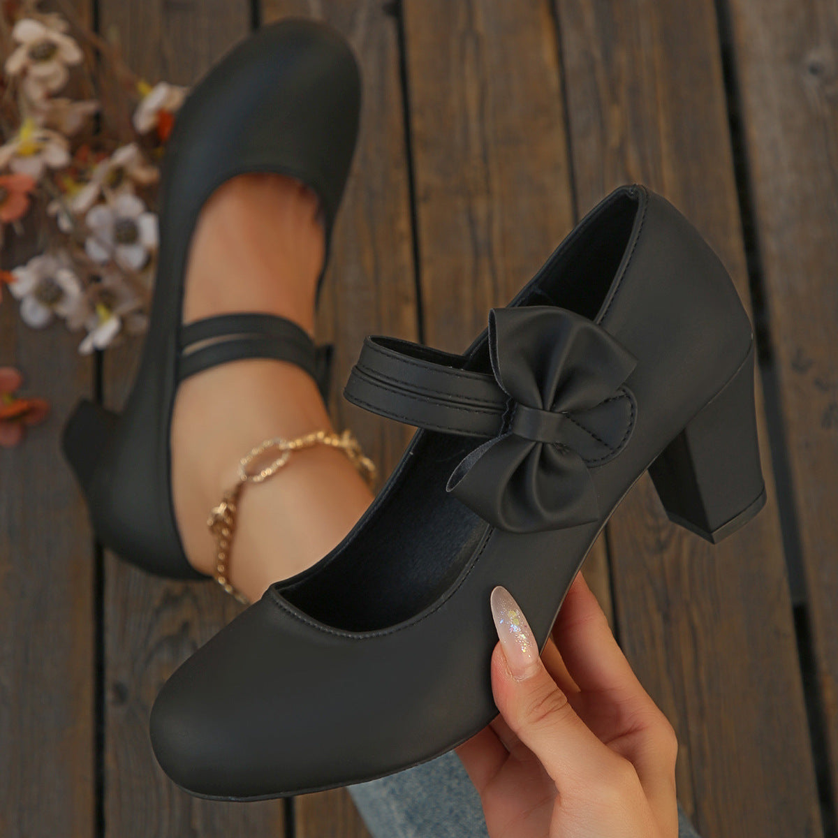 Women's Bowknot Block Heel Mary Jane Shoes – Elegant Ankle Strap Chunky Heels