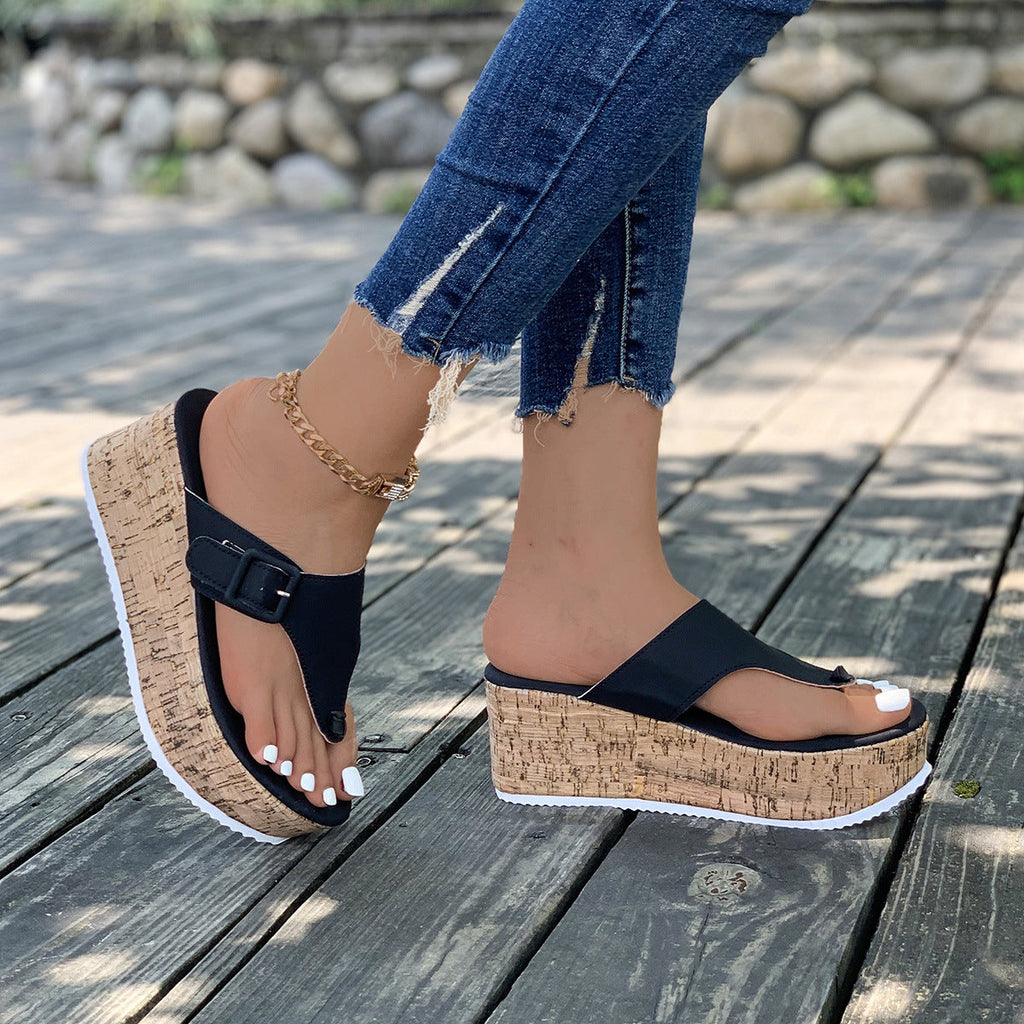 Comfortable Beige Cork Wedge Platform Thong Sandals – Buckle Strap Summer Slides