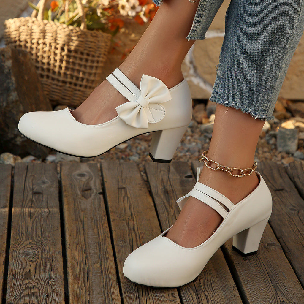 Women's Bowknot Block Heel Mary Jane Shoes – Elegant Ankle Strap Chunky Heels