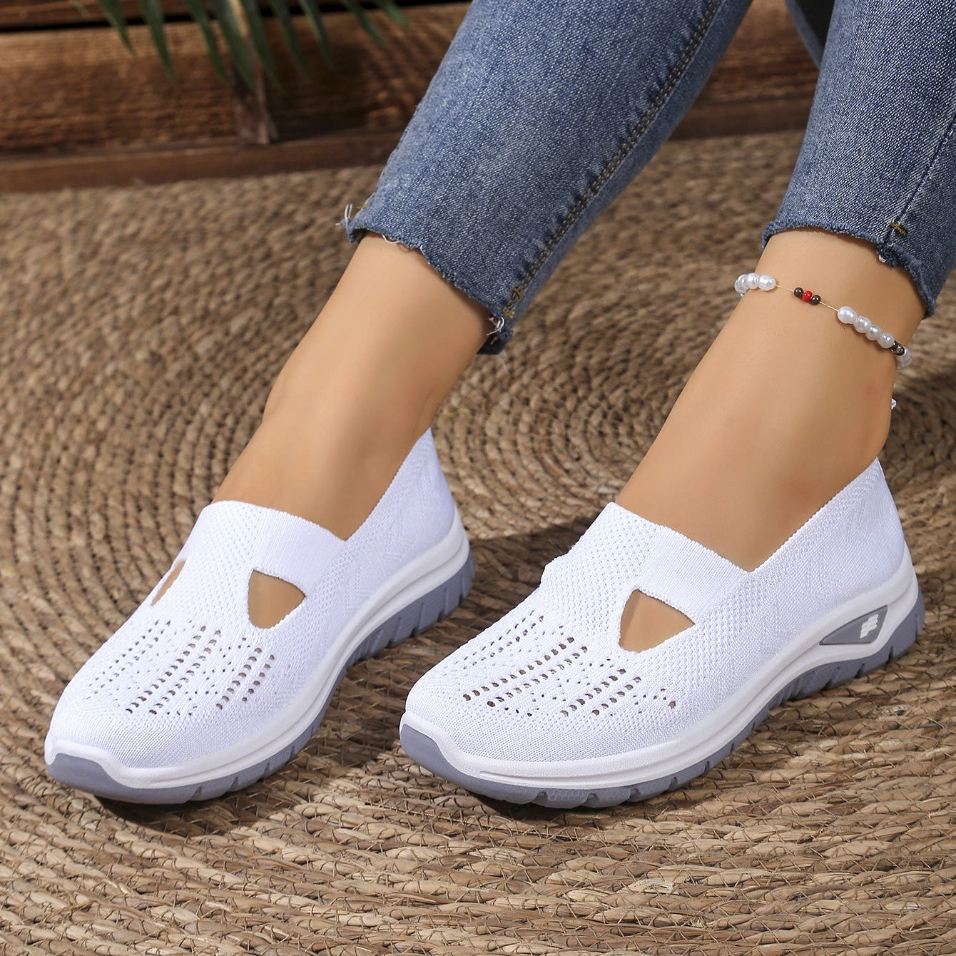 Breathable Knit Slip-On Sneakers Women - Lightweight Mesh Walking Shoes with Cutout Design