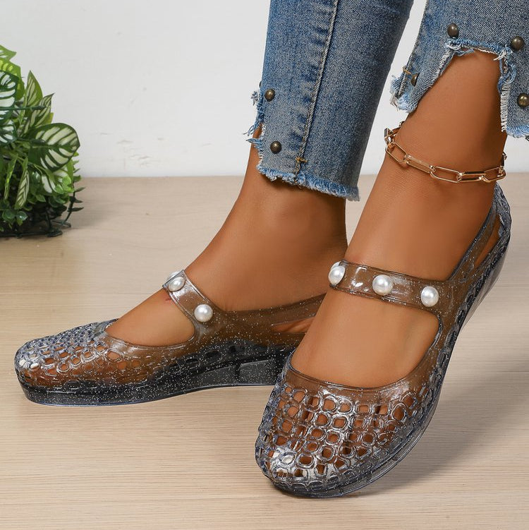 Sparkly Transparent Crocodile Mary Jane Jelly Flats - Pearl Strap Wedge Shoes