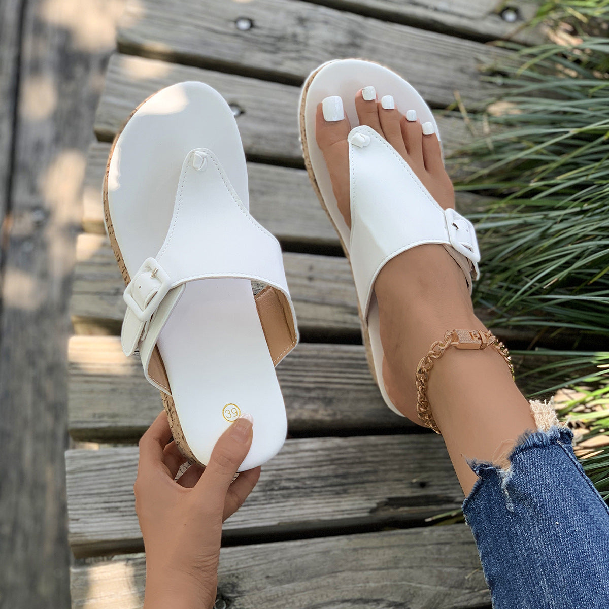 Comfortable Beige Cork Wedge Platform Thong Sandals – Buckle Strap Summer Slides
