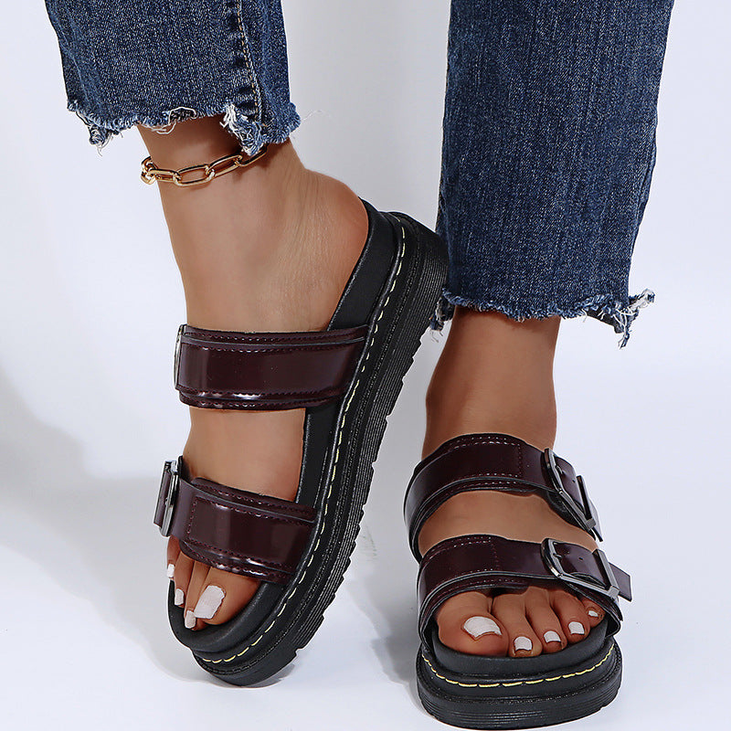 Women's Double Buckle Platform Sandals - Chunky Thick Sole Slide Sandals with Adjustable Straps