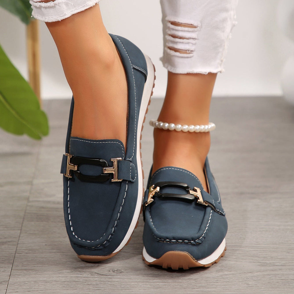 Women's Gold Buckle Suede Loafers – Comfortable Casual Platform Slip-On Shoes