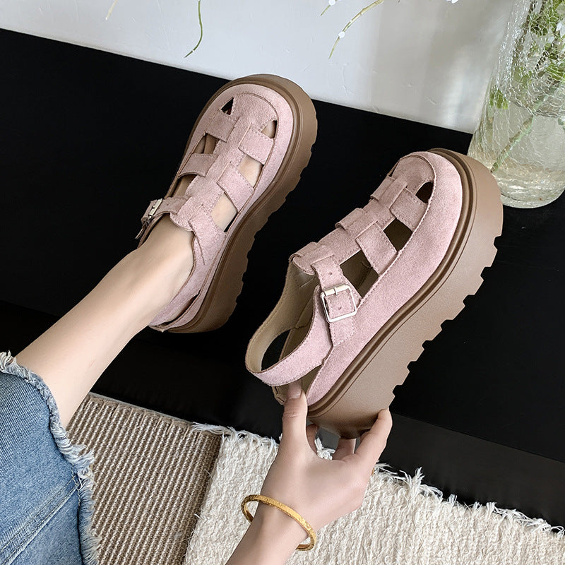 Women's Chunky Platform Mary Jane Sandals - Woven Cut-Out Buckle Flats