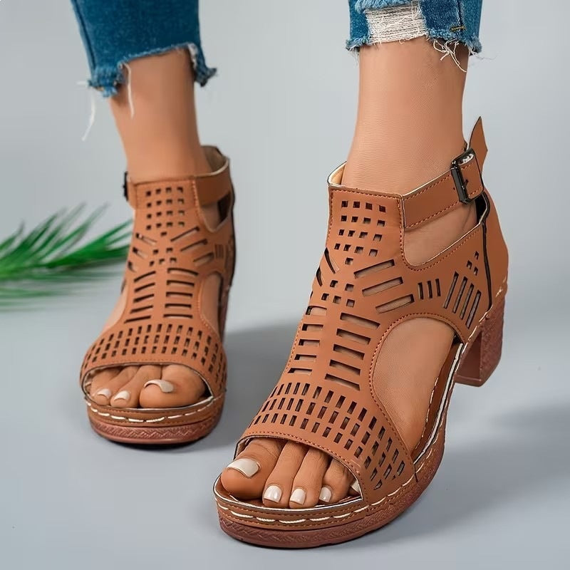 Women's Hollow Out Block Heel Sandals - Cutout Peep Toe Ankle Strap Chunky Heels