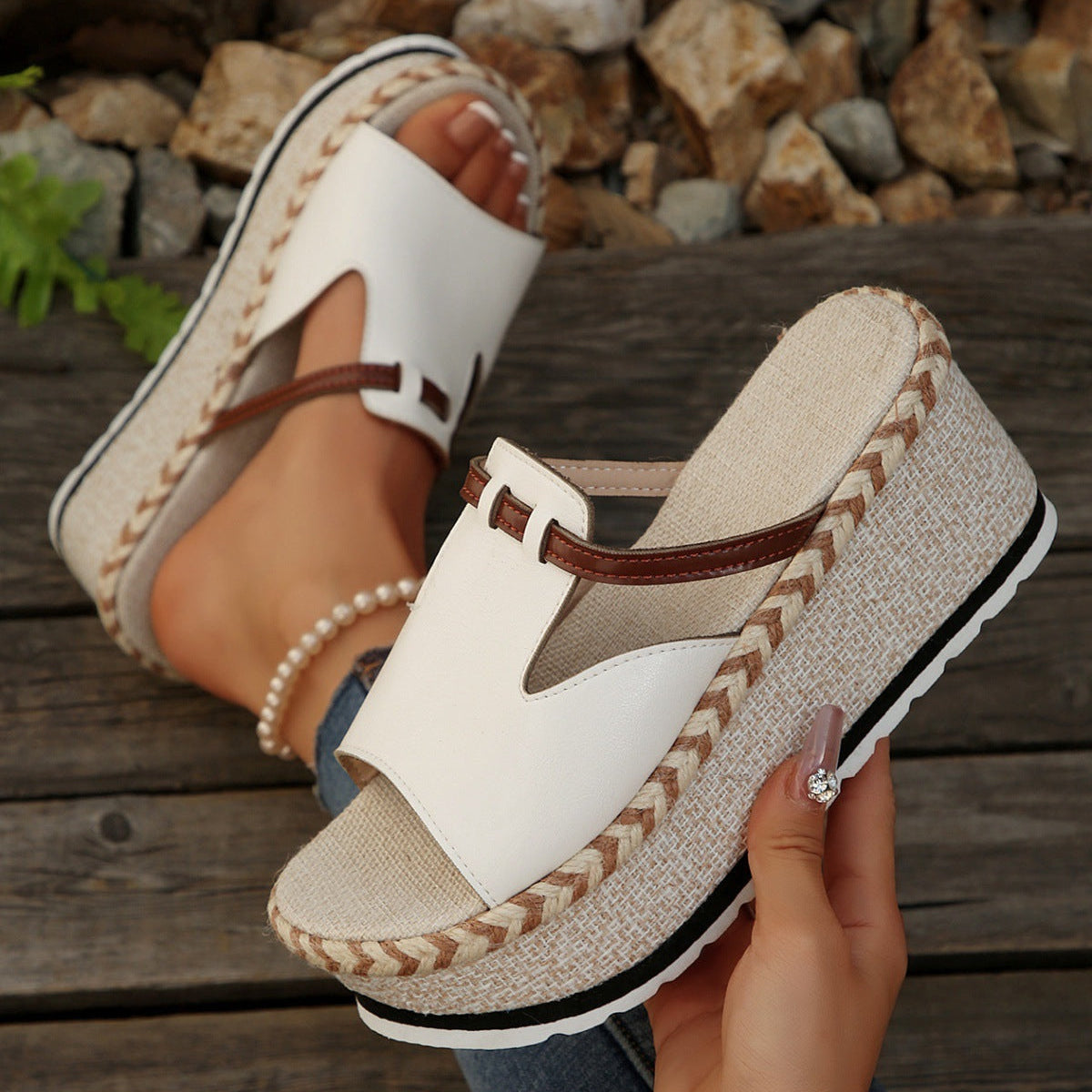Women's Platform Wedge Espadrille Sandals - 8cm Chunky Peep Toe T-Strap Summer Sandals