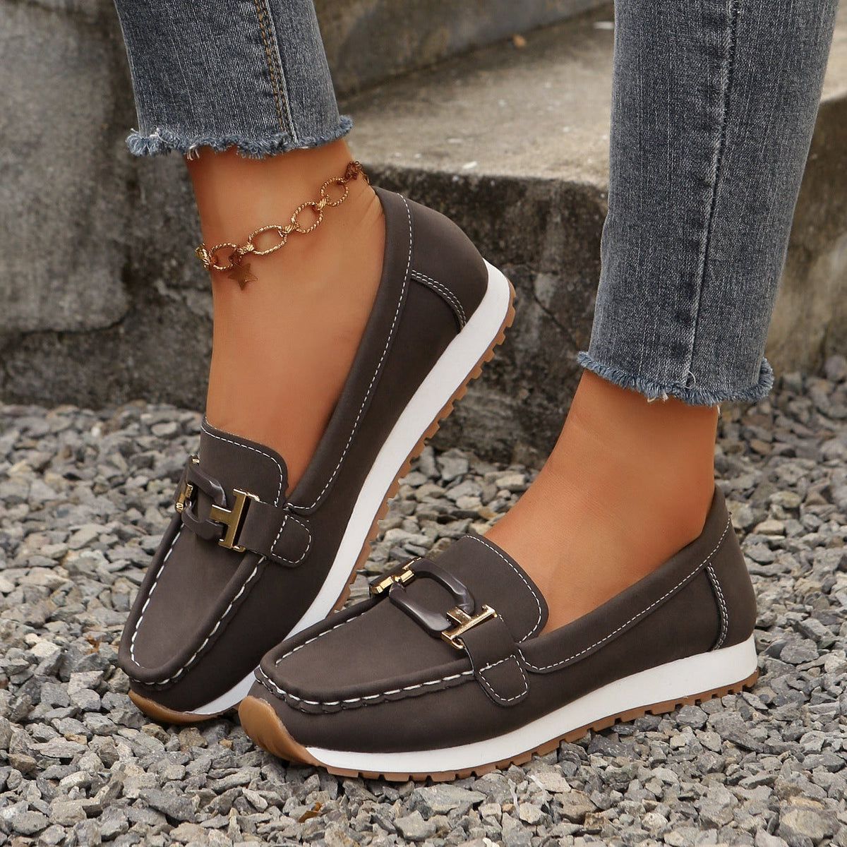 Women's Gold Buckle Suede Loafers – Comfortable Casual Platform Slip-On Shoes