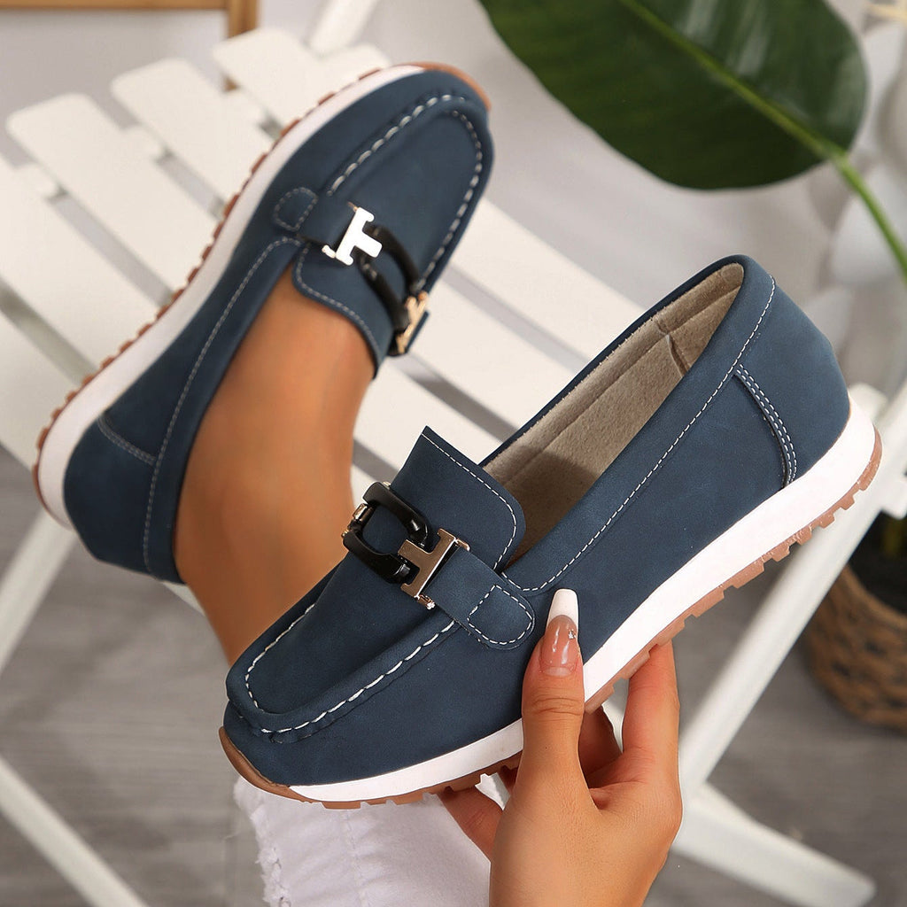 Women's Gold Buckle Suede Loafers – Comfortable Casual Platform Slip-On Shoes