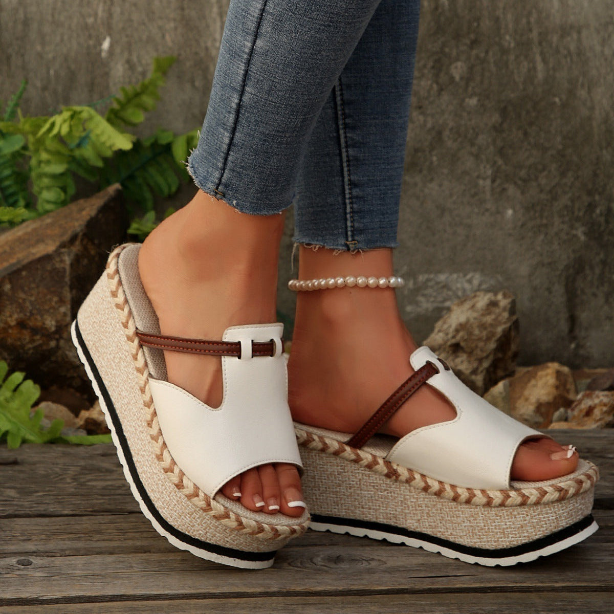 Women's Platform Wedge Espadrille Sandals - 8cm Chunky Peep Toe T-Strap Summer Sandals