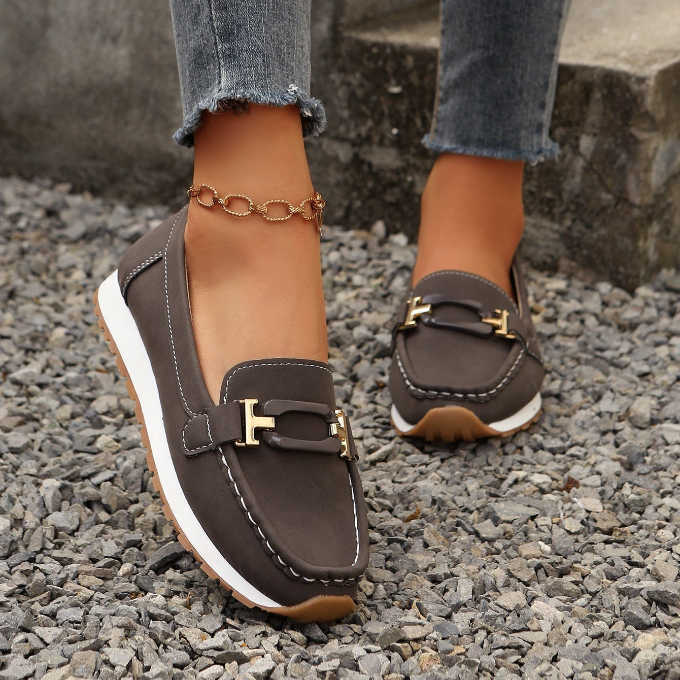Women's Gold Buckle Suede Loafers – Comfortable Casual Platform Slip-On Shoes