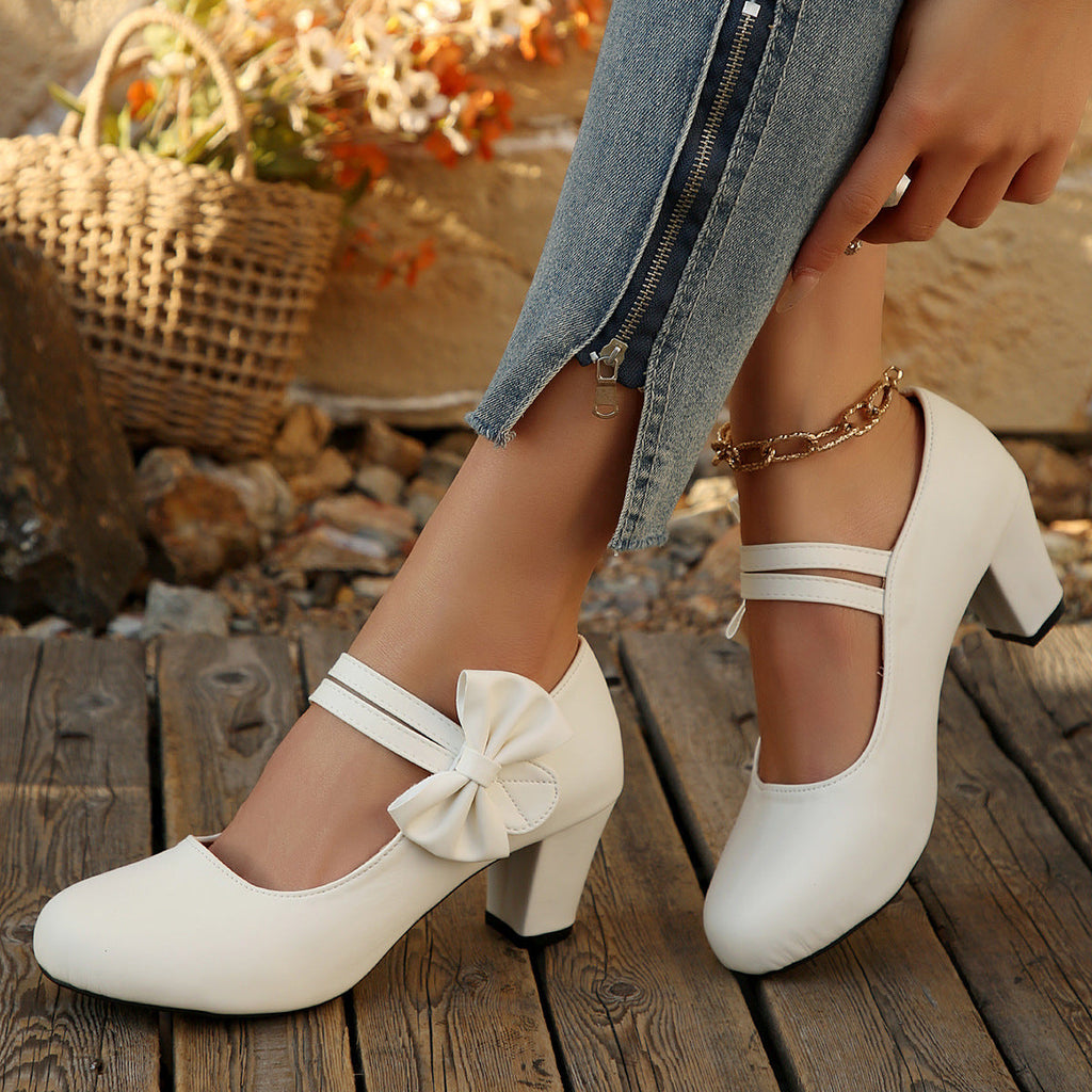 Women's Bowknot Block Heel Mary Jane Shoes – Elegant Ankle Strap Chunky Heels
