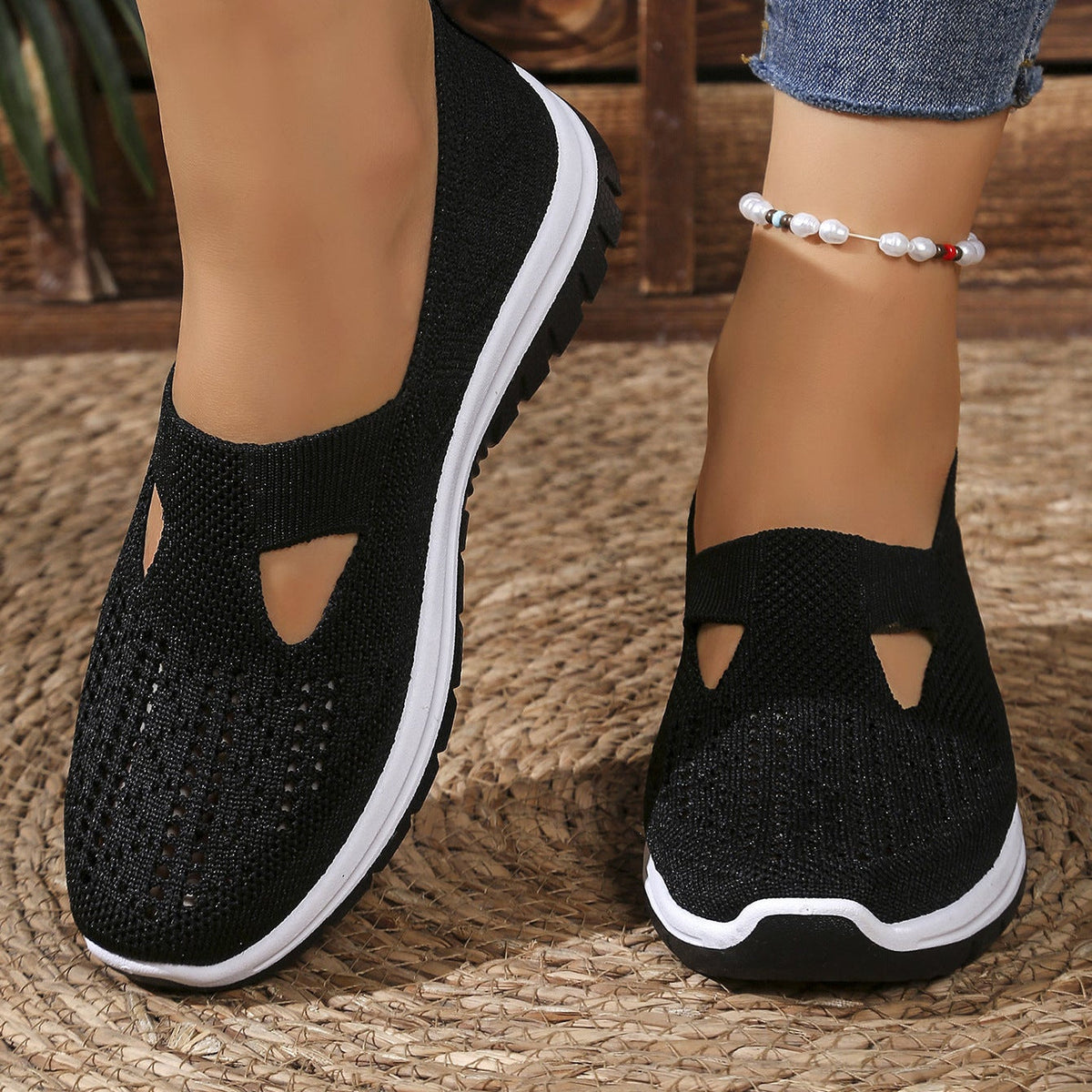 Breathable Knit Slip-On Sneakers Women - Lightweight Mesh Walking Shoes with Cutout Design