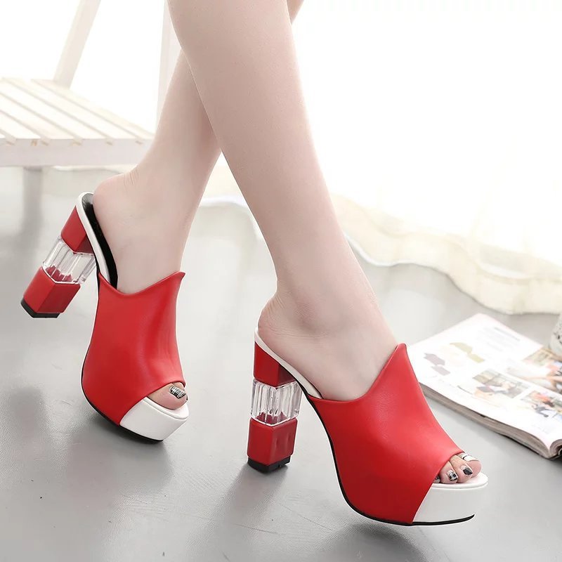 Women's Chunky Platform Peep Toe Mule Sandals - Clear Block Heel Slides