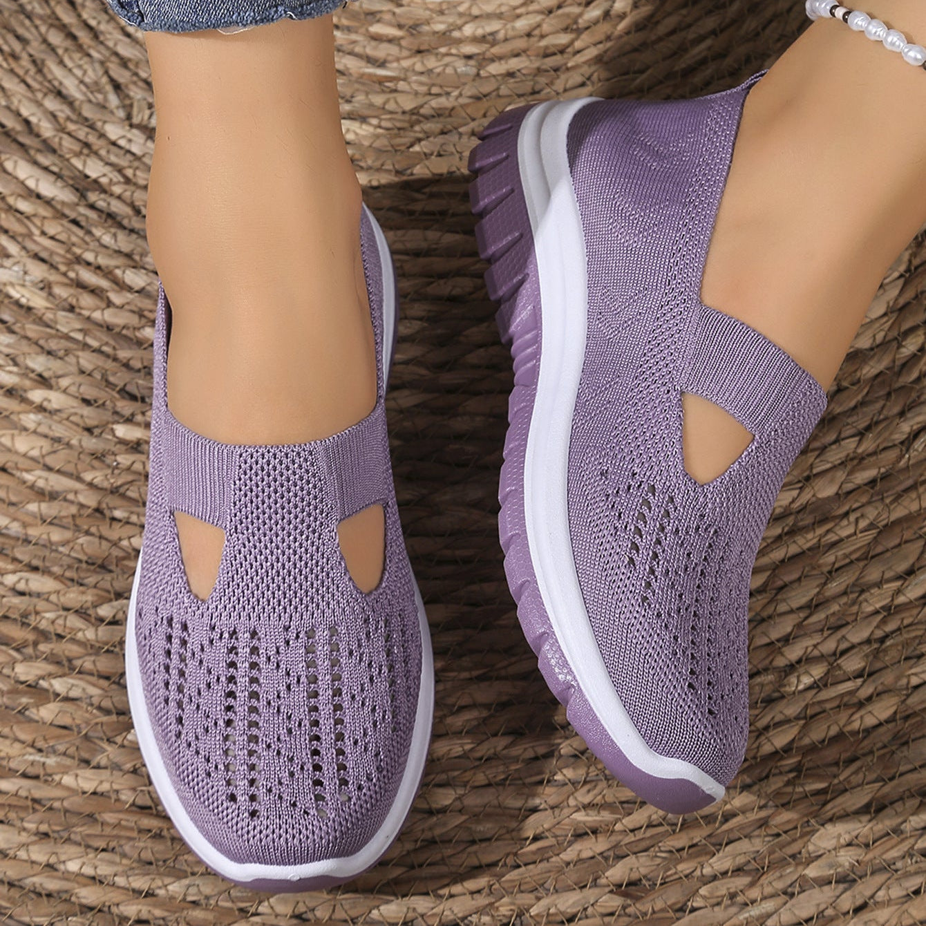 Breathable Knit Slip-On Sneakers Women - Lightweight Mesh Walking Shoes with Cutout Design