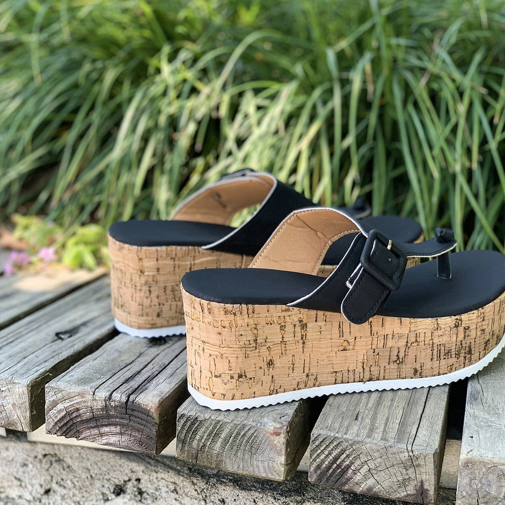 Comfortable Beige Cork Wedge Platform Thong Sandals – Buckle Strap Summer Slides