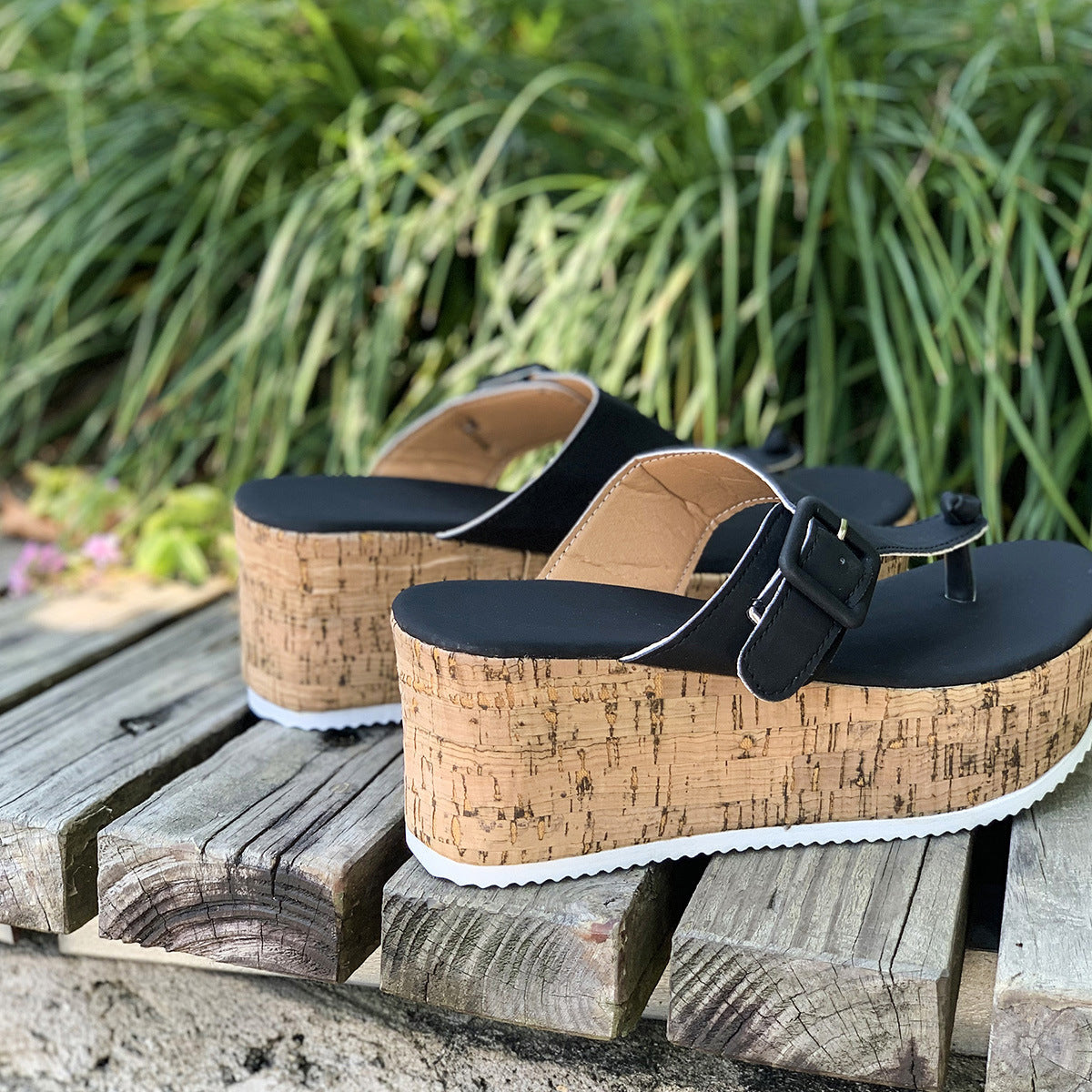 Comfortable Beige Cork Wedge Platform Thong Sandals – Buckle Strap Summer Slides