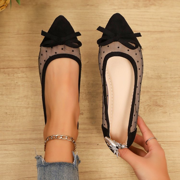 Women's Pointed Toe Mesh Bow Flats - Breathable Polka Dot Sheer Ballet Flats